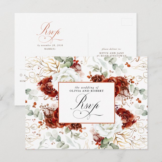 White and Burgundy Red Wedding RSVP Postcard (Front/Back)