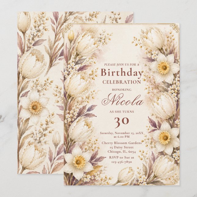 White and Champagne Birthday Invitation (Front/Back)