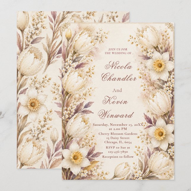 White and Champagne Wedding Invitation (Front/Back)