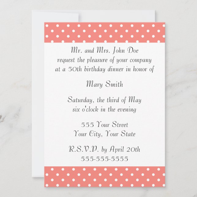 White and Coral Pink Polka Dot Pattern Invitation (Front)