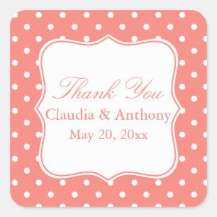 White and Coral Pink Polka Dot Thank You Square Sticker
