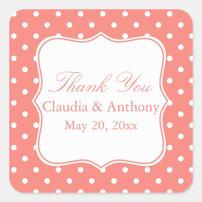 White and Coral Pink Polka Dot Thank You Square Sticker (Front)