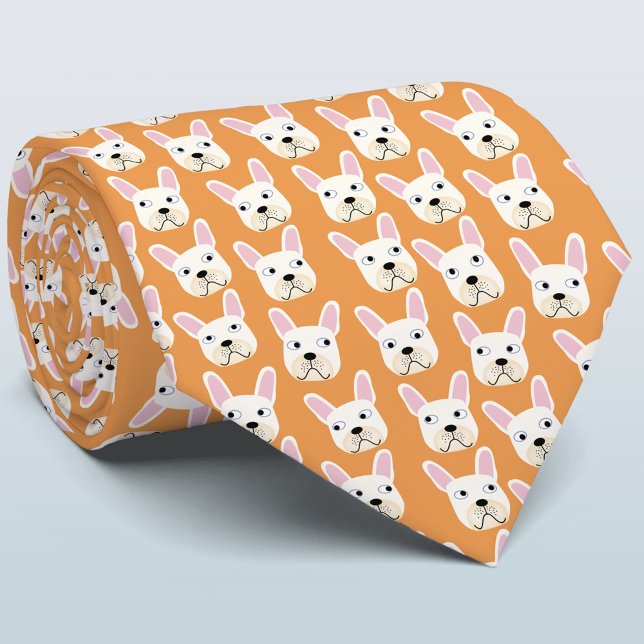 White and Cream French Bulldog Orange Neck Tie (Fun French Bulldog orange neck tie)