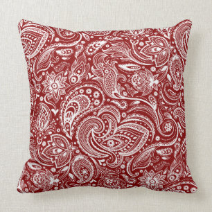 White And Crimson Red Vintage Floral Paisley Cushion