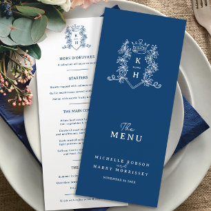 White and dark blue crown crest monogram wedding menu