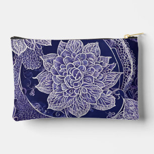 White and dark blue floral patterns AI art Accessory Pouch