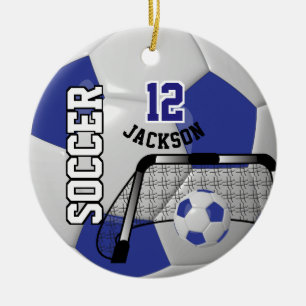 *White and Dark Blue Personalise Soccer Ball Ceramic Tree Decoration