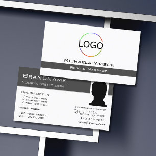 White and Dark Grey with Logo & Photo Professional Business Card