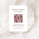 White and Dark Red Text | Wedding QR Code RSVP Card<br><div class="desc">This minimalist and elegant scannable QR code wedding response card features modern dark red text on a white background,  for a simple and stylish look. Your guests can easily scan the code to visit your wedding website and rsvp online.</div>
