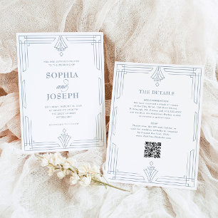 White and Dusty Blue QR Code All in One Wedding Invitation