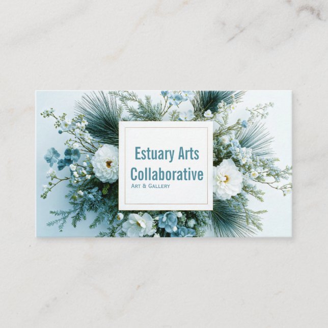 White and Dusty Blue Winter Floral Gold Frame Business Card (Front)