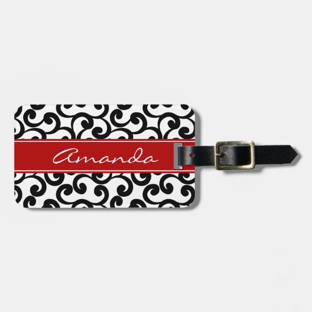 White and Ebony Monogrammed Elements Print Luggage Tag (Front Horizontal)