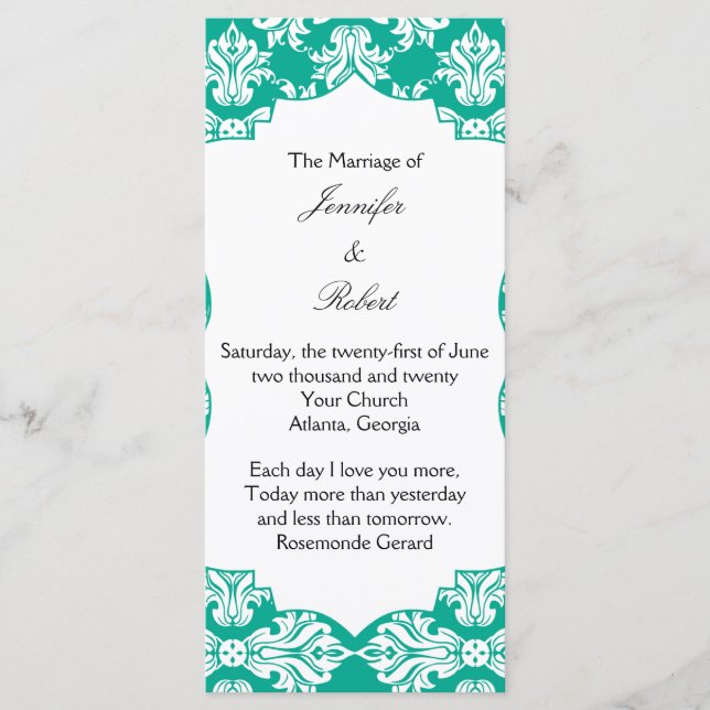 White and Emerald Green Damask Wedding Program Programme (Front)