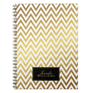 White and Faux Gold Chevron Stripes Personalised Spiral Notebook
