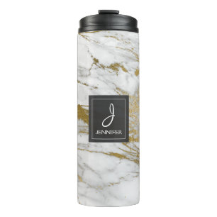 White and Faux Gold Marble Elegant Monogram Thermal Tumbler