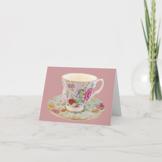 White and Floral Tea Cup and Saucer Note Card (Front)