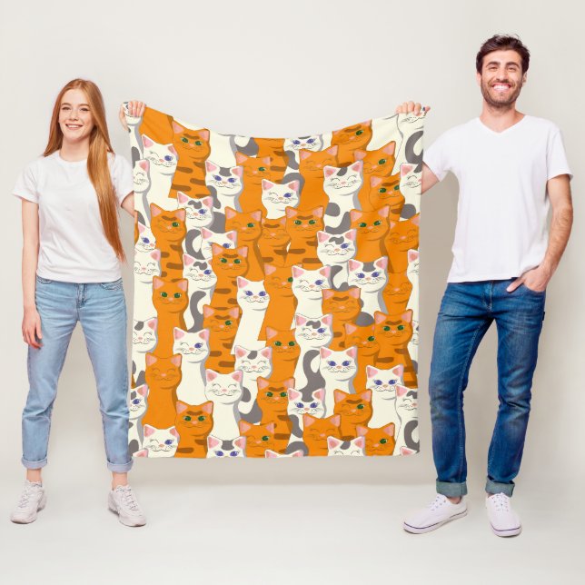 White and ginger cats pattern green eyes blue eyes fleece blanket (In Situ)