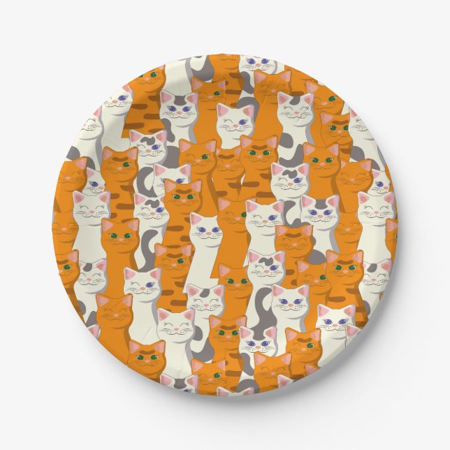 White and ginger cats pattern green eyes blue eyes paper plate (Front)