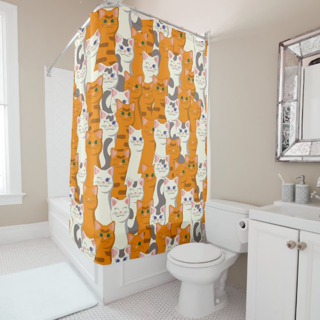 White and ginger cats pattern green eyes blue eyes shower curtain (In Situ)