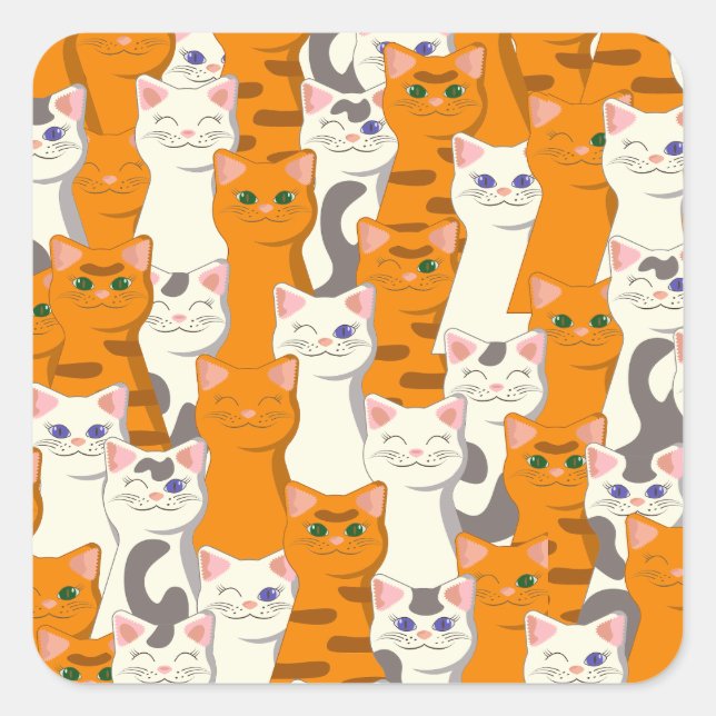 White and ginger cats pattern green eyes blue eyes square sticker (Front)