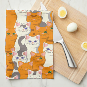 White and ginger cats pattern green eyes blue eyes tea towel