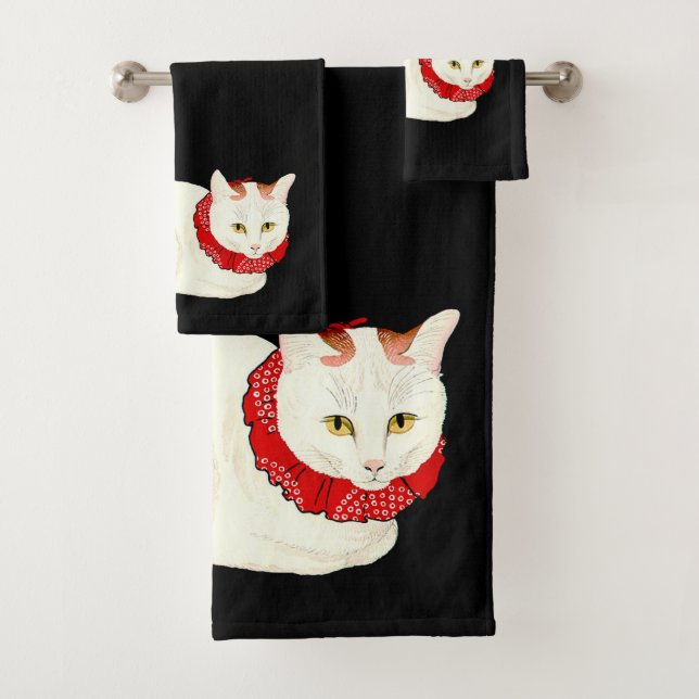 White and Ginger Japanese Cat Bath Towel Set (Insitu)
