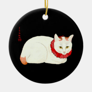 White and Ginger Japanese Cat Ceramic Tree Decoration