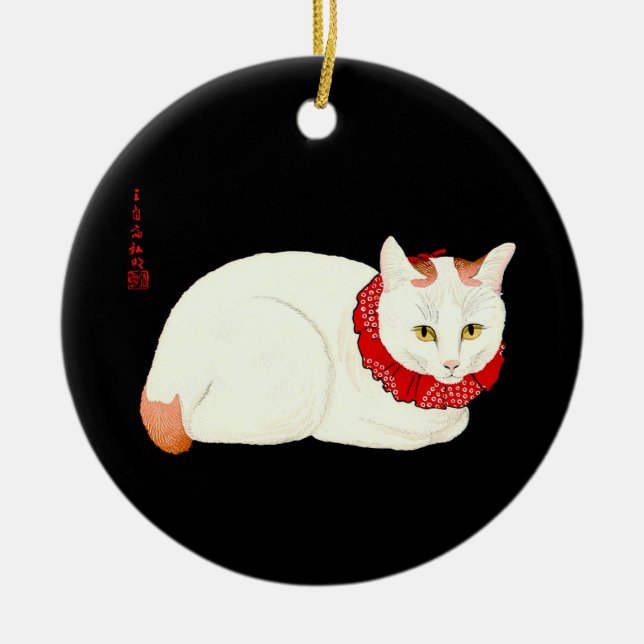 White and Ginger Japanese Cat Ceramic Tree Decoration (Front)