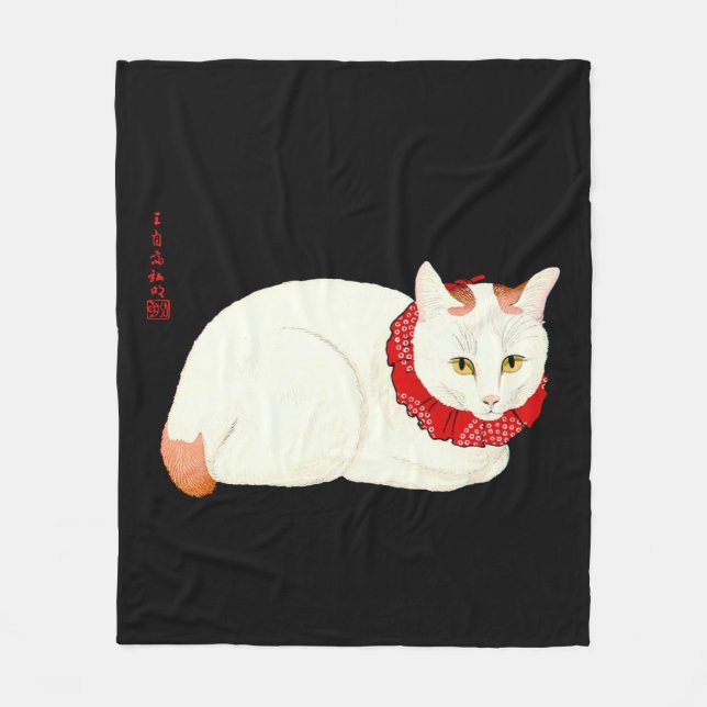 White and Ginger Japanese Cat Fleece Blanket (Front)