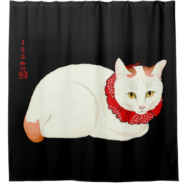 White and Ginger Japanese Cat Shower Curtain (Front)