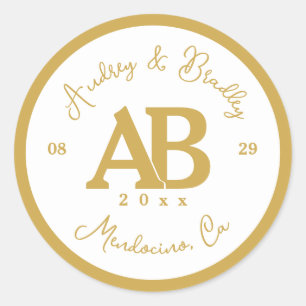 White and Gold 2 Letter Monogram Wedding Classic Round Sticker