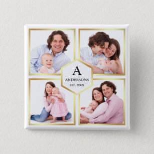 White and Gold 4 Pictures Family Photo Collage 15 Cm Square Badge