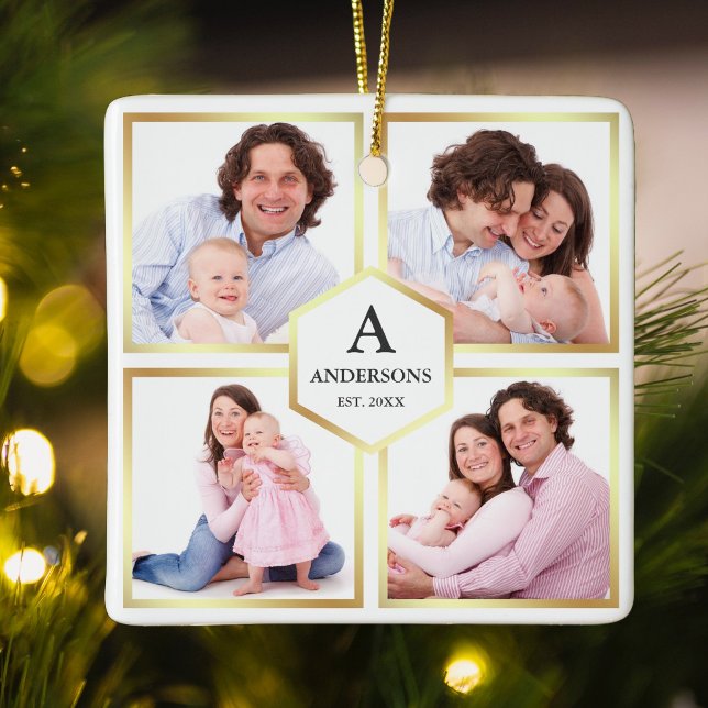 White and Gold 4 Pictures Family Photo Collage Ceramic Ornament (Creator Uploaded)