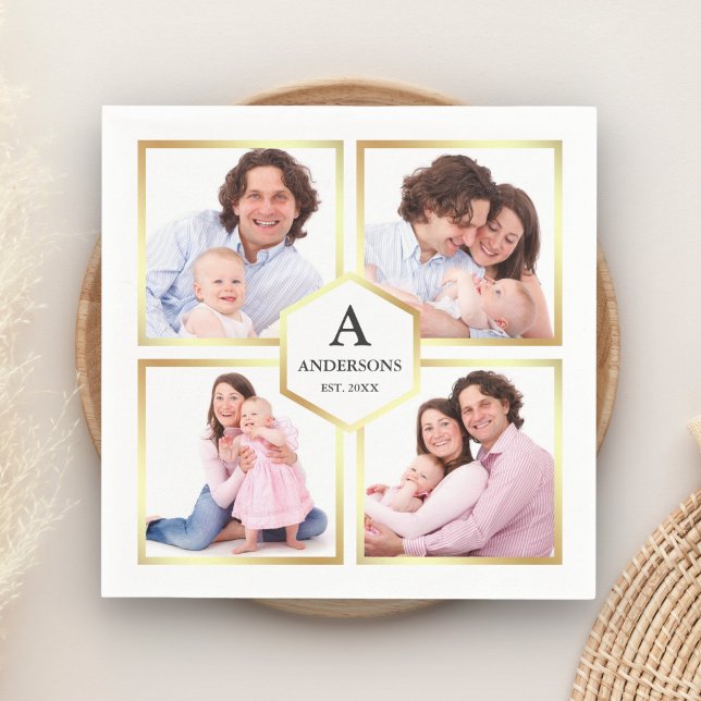 White and Gold 4 Pictures Family Photo Collage Napkin (Creator Uploaded)
