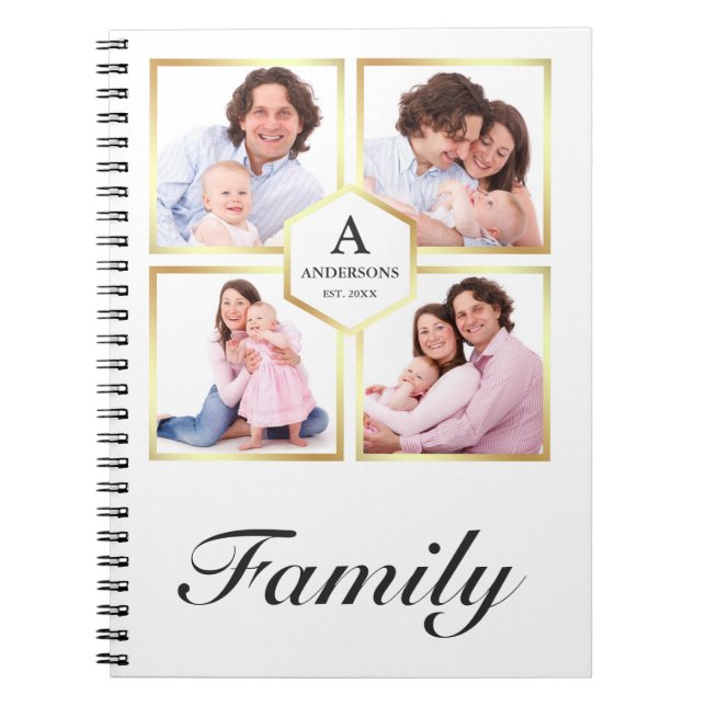 White and Gold 4 Pictures Family Photo Collage Notebook (Front)