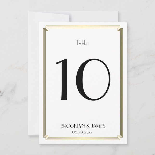 White And Gold Art Deco Wedding Table Number (Front)
