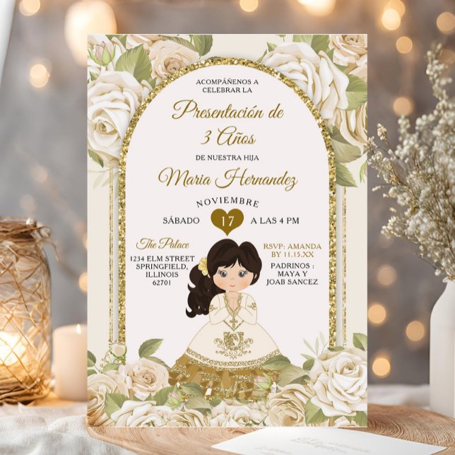 White and Gold Boho Mexican Floral Girl Tres Anos Invitation (Creator Uploaded)