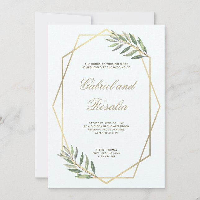 White and Gold Bordered Geometric Floral Wedding Invitation (Front)