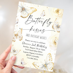 White and Gold Butterfly Kisses Birthday Invitation