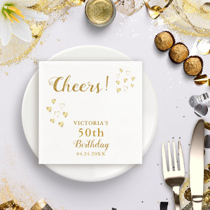 White and Gold Cheers Custom Name 50th Birthday Napkin