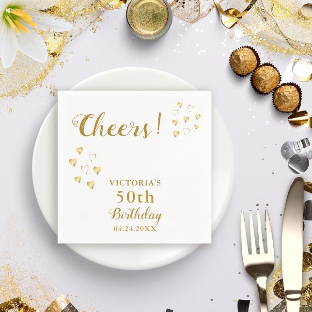 White and Gold Cheers Custom Name 50th Birthday Napkin (Creator Uploaded)