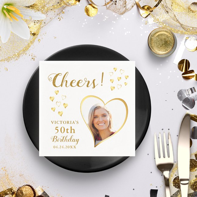 White and Gold Cheers Custom Photo 50th Birthday Napkin (Creator Uploaded)