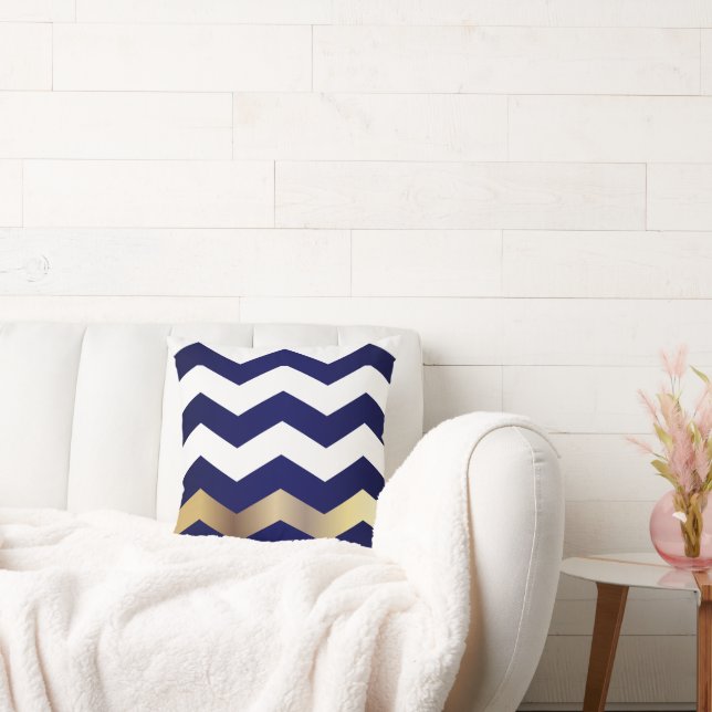 White and Gold Chevron Pattern on Navy Blue Cushion (Couch)