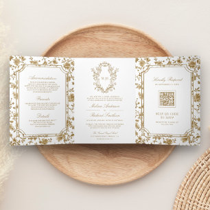 White and Gold Chinoiserie Crest QR Code Wedding Tri-Fold Invitation