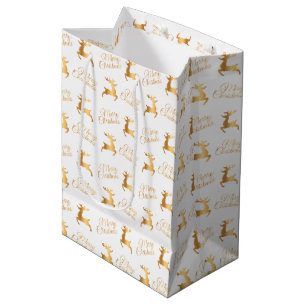 White and Gold Christmas Reindeers Medium Gift Bag