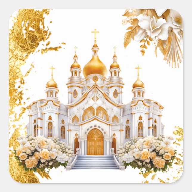 White and Gold Church Wedding Square Sticker (Front)