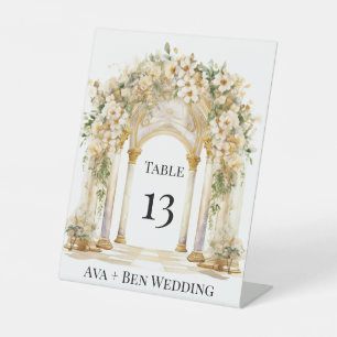 White and Gold Church Wedding Table Number Pedestal Sign