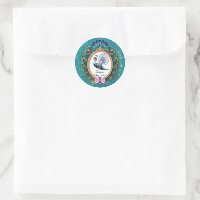 White and Gold Colourful Peacock Baby Shower Classic Round Sticker (Bag)