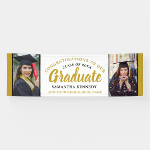 White And Gold Congrats Grad 2 Photo Graduation Banner