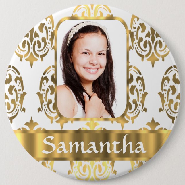 White and gold damask 6 cm round badge (Front)